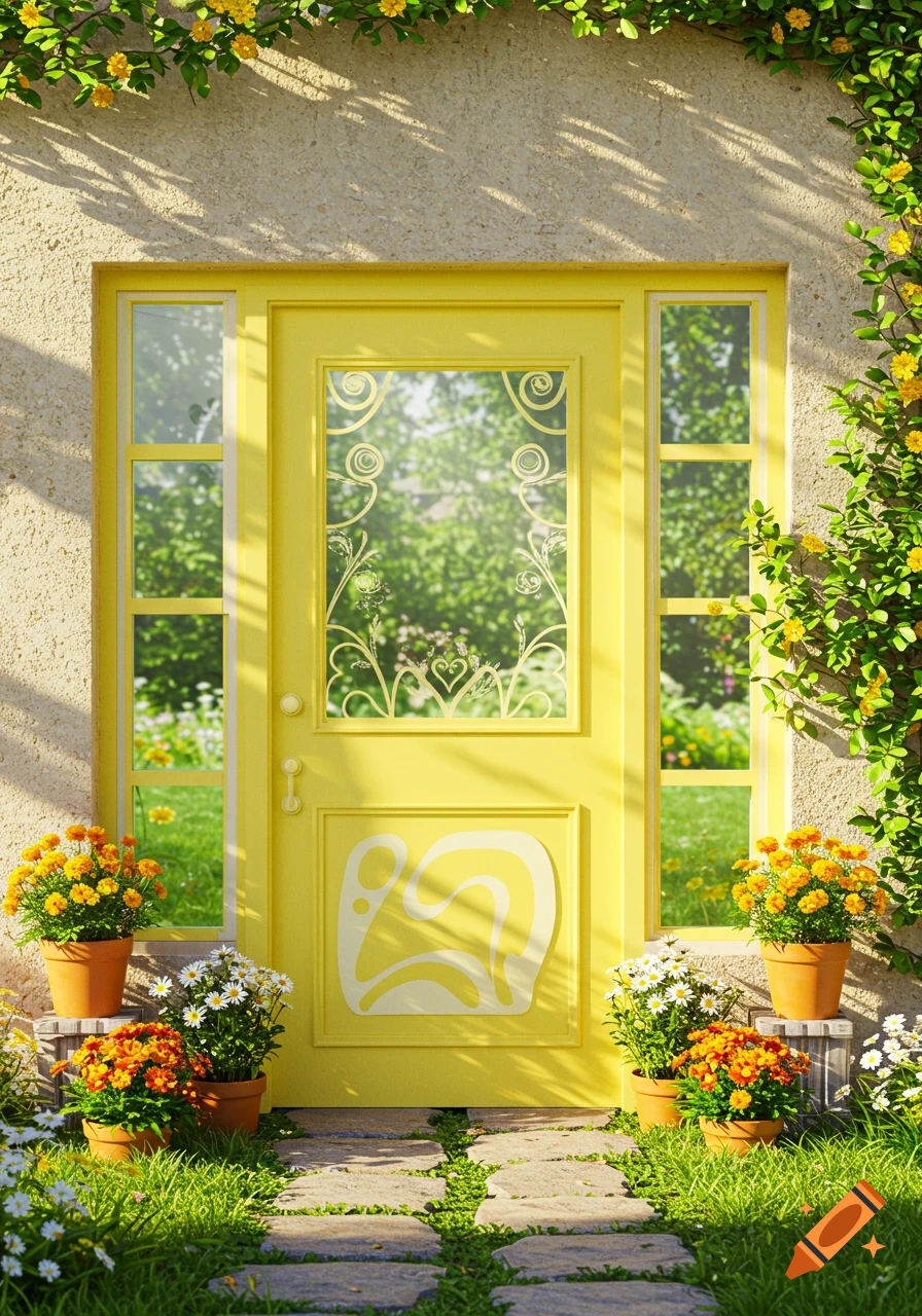 A vibrant yellow door with an Animal Crossing leaf symbol, surrounded by potted marigolds, daisies, lush green grass, and climbing vines.