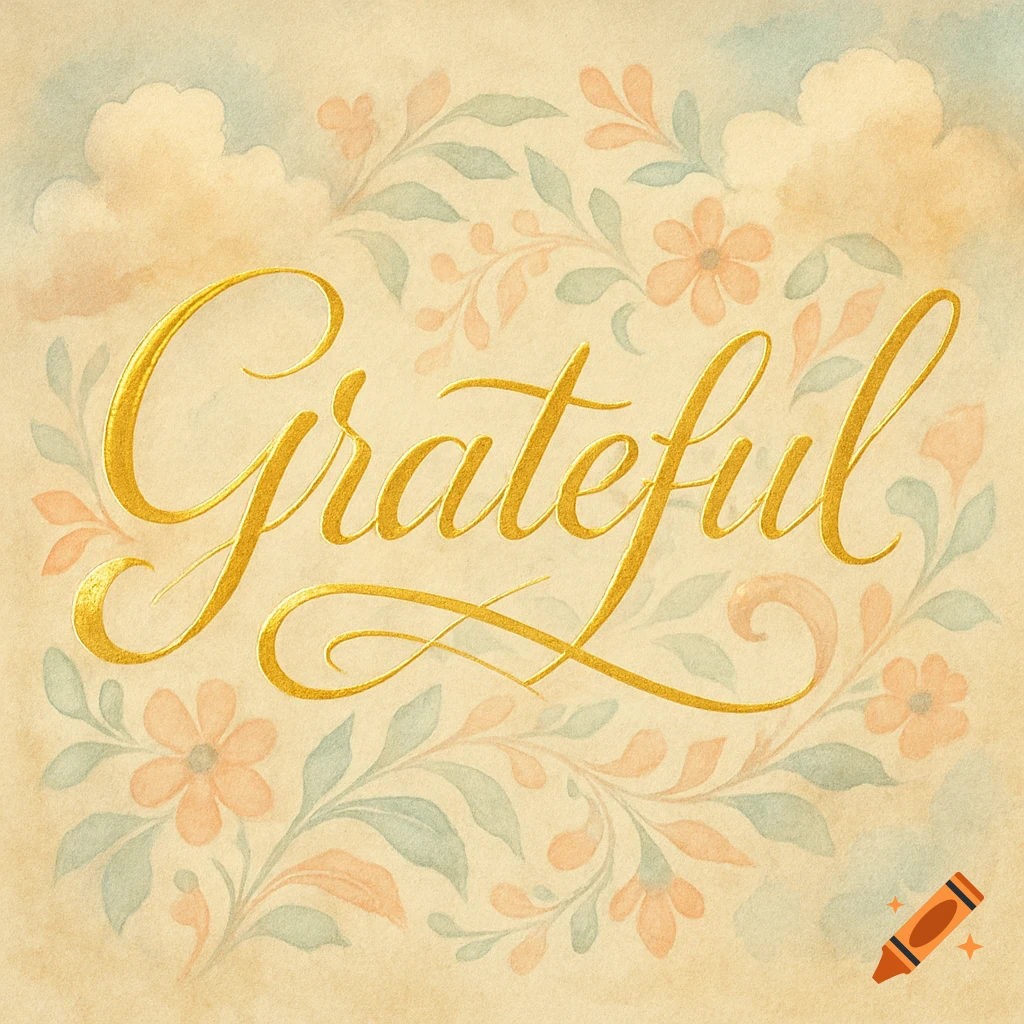 The word "Grateful" in golden, flowing script calligraphy, surrounded by soft watercolor flowers and clouds on a beige background.