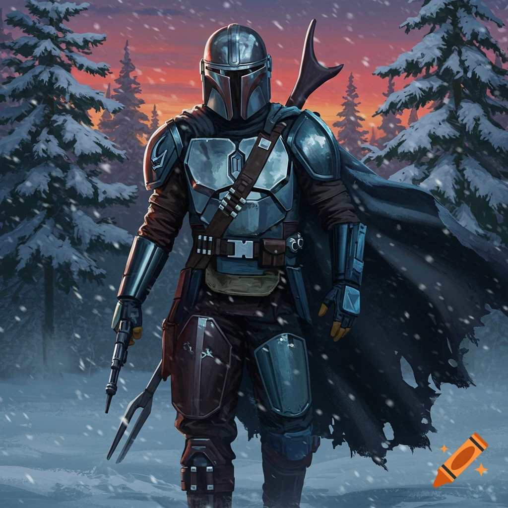 The Mandalorian in shiny armor stands in a snowy forest with a sunset sky, holding a rifle and spear, digital art.