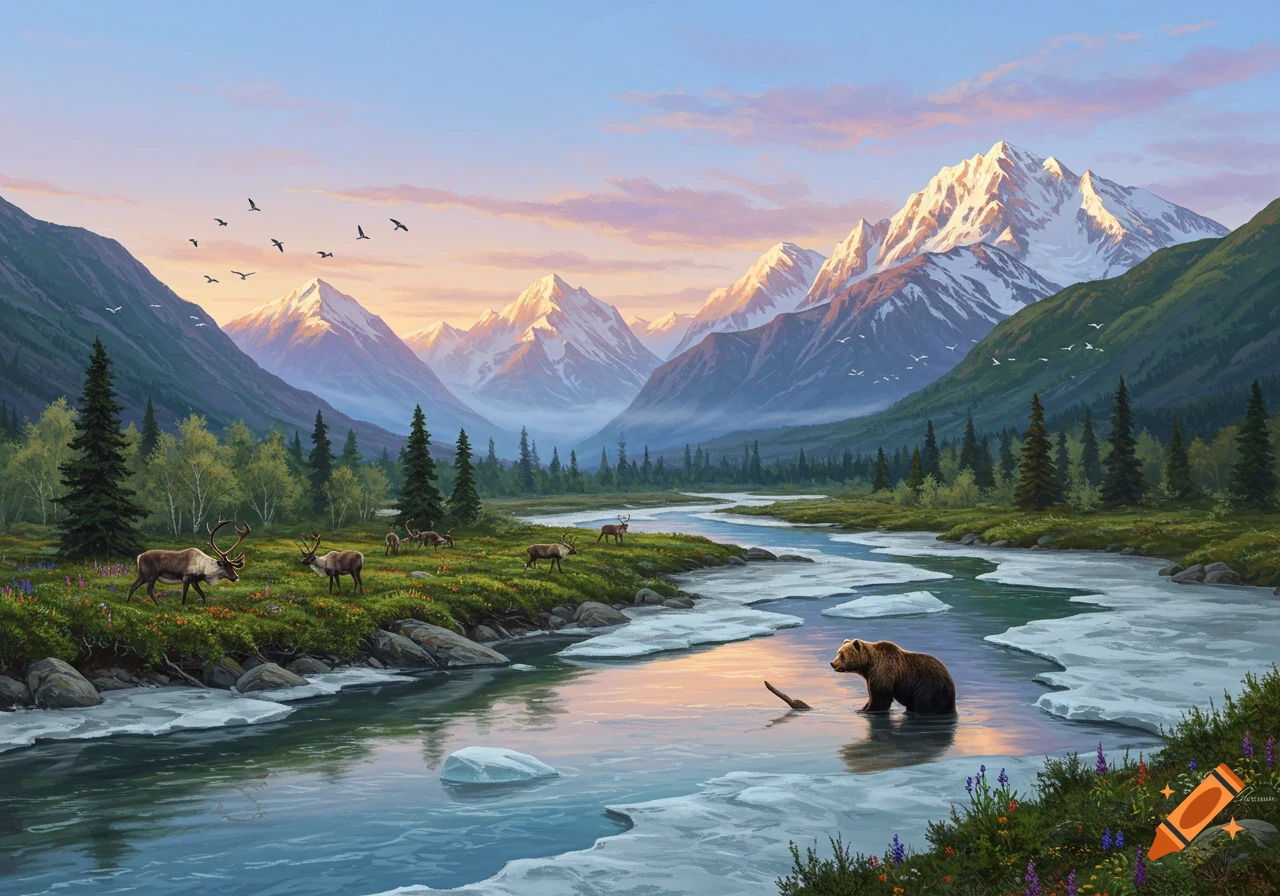Digital painting of a bear wading in an icy river, with caribou grazing on the grassy bank, mountains, and a sunset sky.