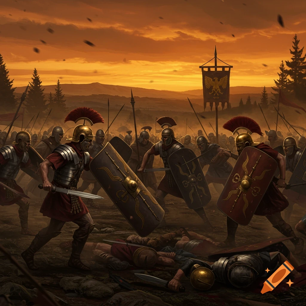 Detailed illustration of Roman soldiers clashing in a large battle under an orange sunset sky, with fallen warriors on the ground.