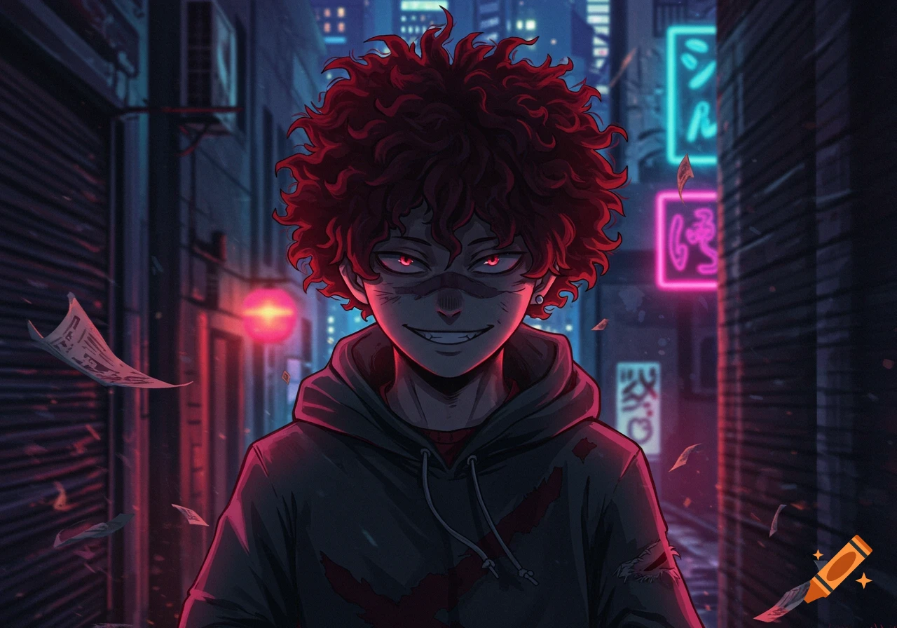An anime boy with dark red curly hair and glowing red eyes smirks in a dark alley with neon signs.