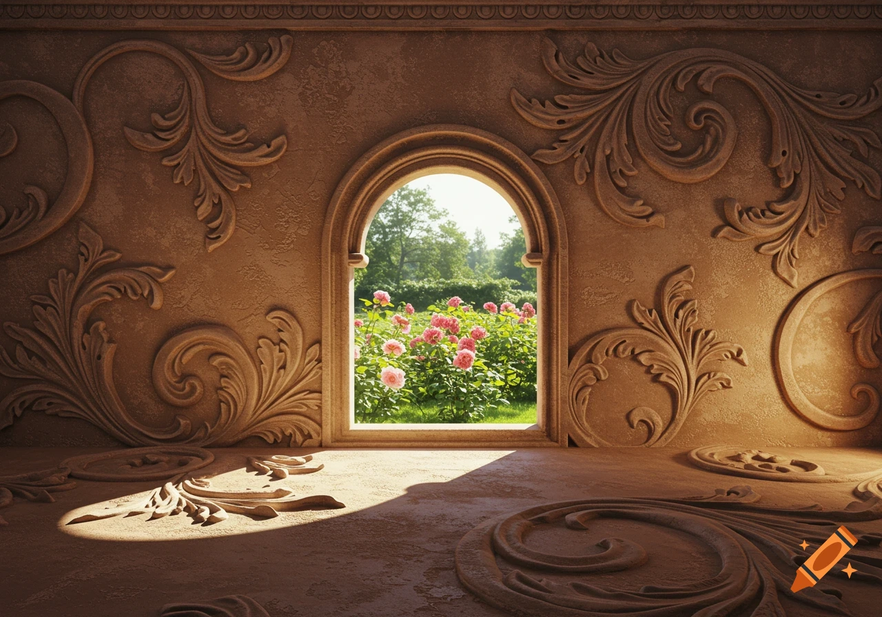 An ornate room with detailed stucco walls and an arched window opening to a lush garden filled with pink roses.