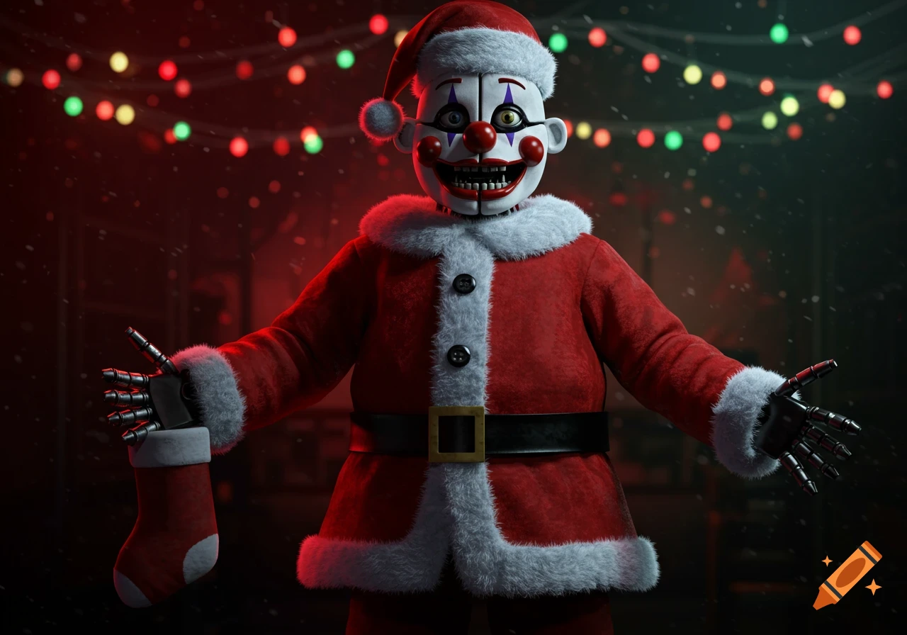 A creepy animatronic in a Santa suit with clown makeup, exposed teeth, and mechanical hands, stands in a dimly lit, snowy room with Christmas lights, photorealistic style.