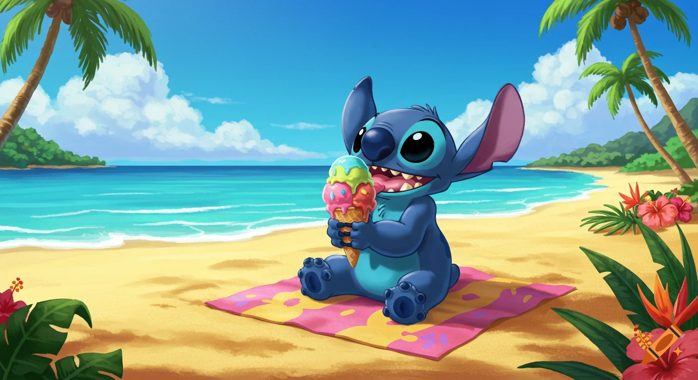 Cartoon Stitch sits on a beach towel eating a colorful ice cream cone on a sunny beach.