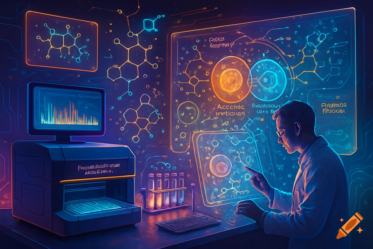 A scientist in a futuristic laboratory interacting with glowing holographic screens displaying chemical structures and biological data.