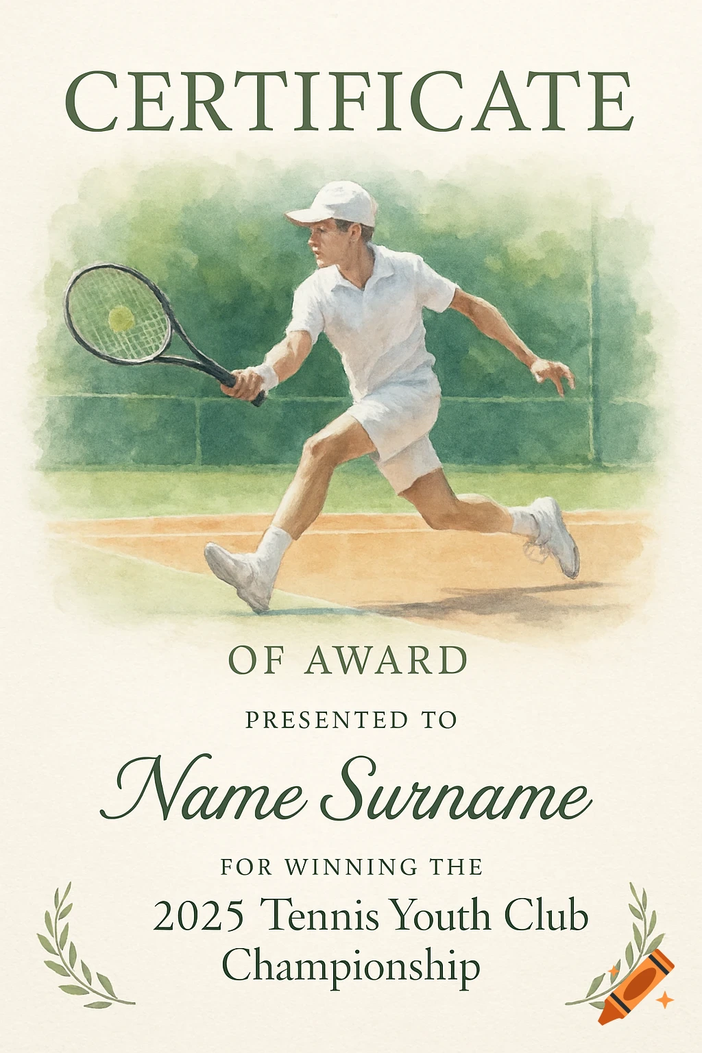 A watercolor certificate for the 2025 Tennis Youth Club Championship, featuring a male tennis player hitting a ball on a court.