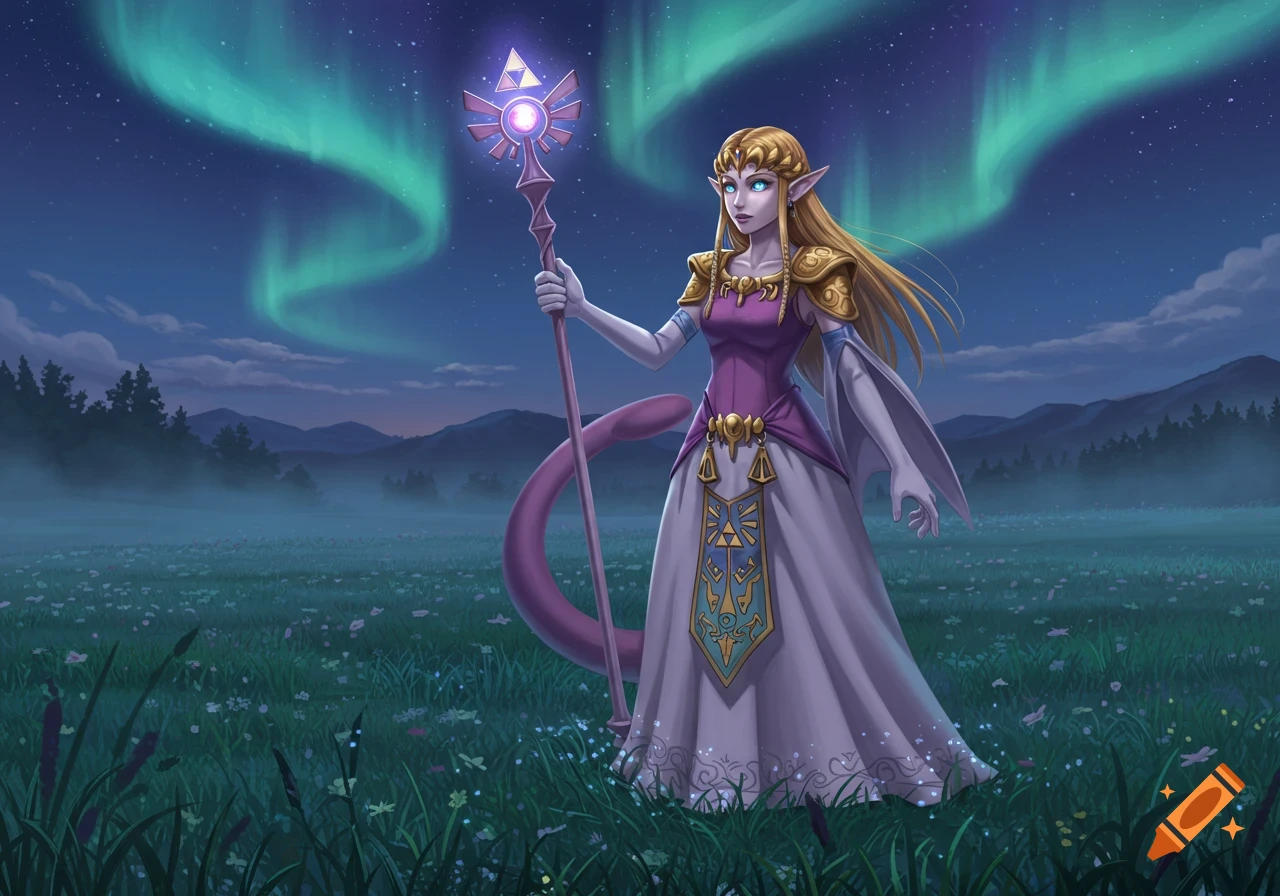 A blonde, elf-eared female character with a purple tail and glowing staff stands in a flowery field under an aurora-lit night sky.