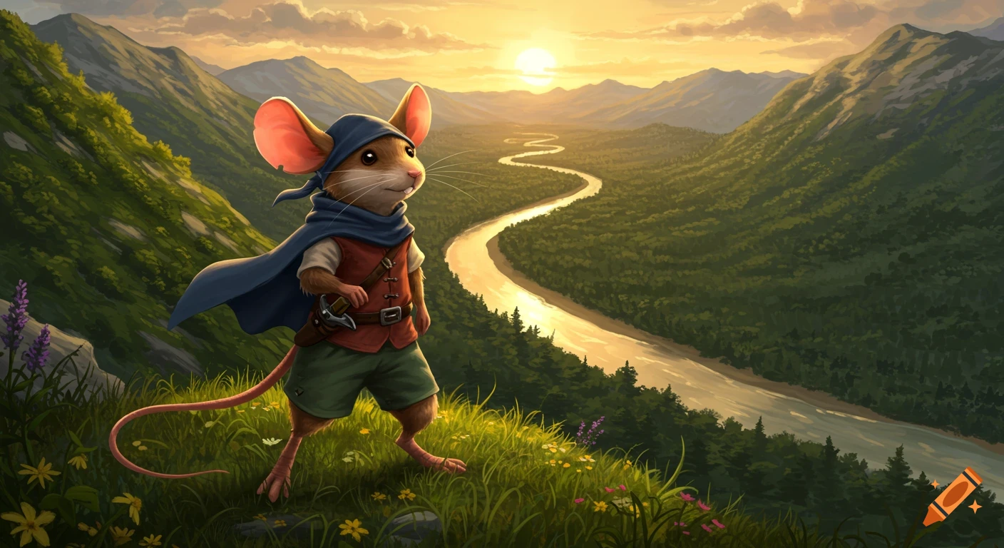 A cartoon mouse in a blue cape stands on a grassy mountain, overlooking a winding river through a wooded valley at sunset.