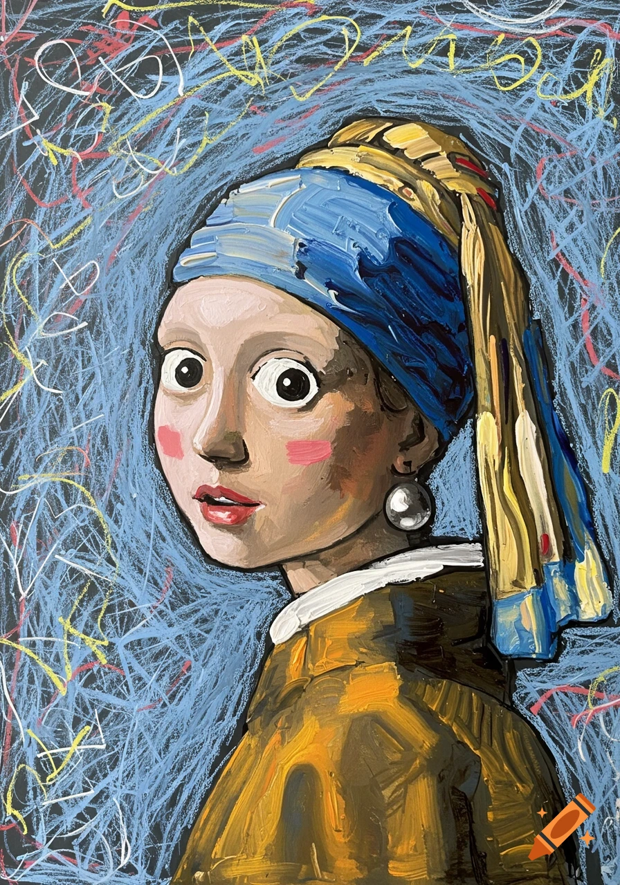 Stylized, childlike painting of the Girl with a Pearl Earring, with exaggerated features and a scribbled blue and yellow background.
