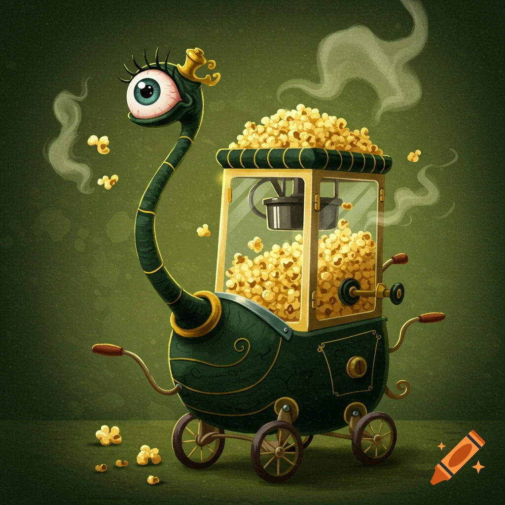 A whimsical dark green old-timey popcorn machine with a long neck, a large eyeball with eyelashes, and stroller wheels, filled with popcorn. Stylized art.