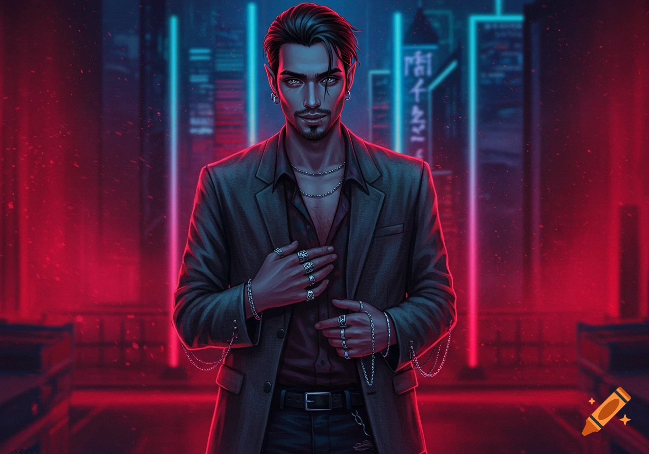 A sharp-dressed man with pointed ears and jewelry stands in a neon-lit cyberpunk city, digital art.