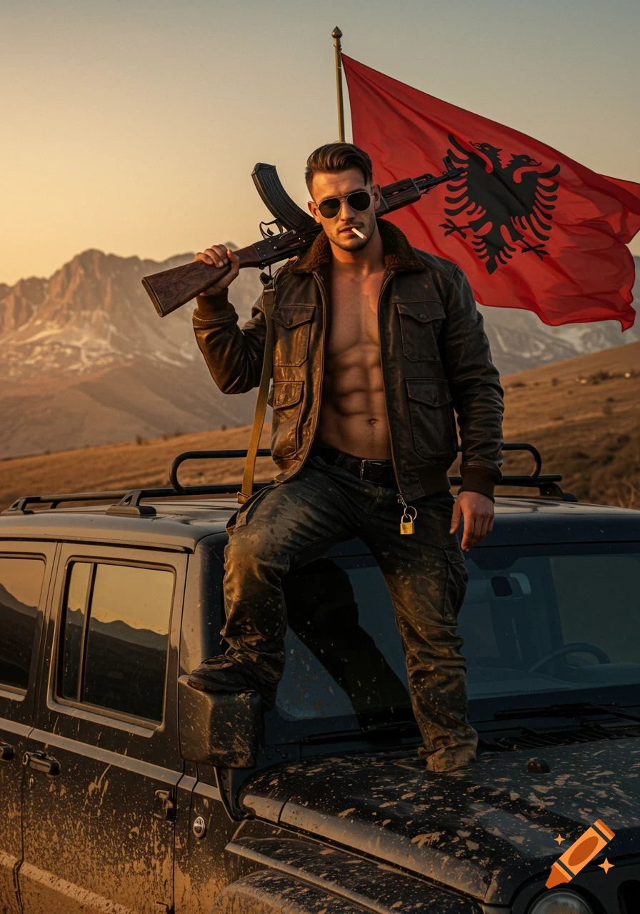 Photorealistic image of a muscular man in a leather jacket, sunglasses, and a cigarette, holding an AK rifle, standing on a dirty Jeep Wrangler with an Albanian flag and mountains in the background.