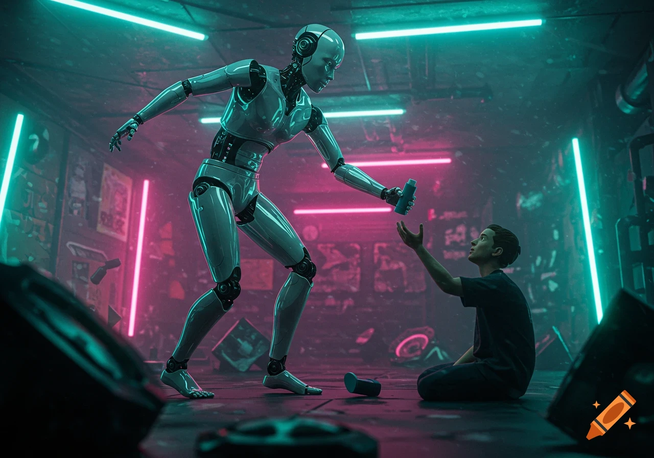 A humanoid robot offers an inhaler to a kneeling human in a neon-lit, futuristic, cyberpunk setting.