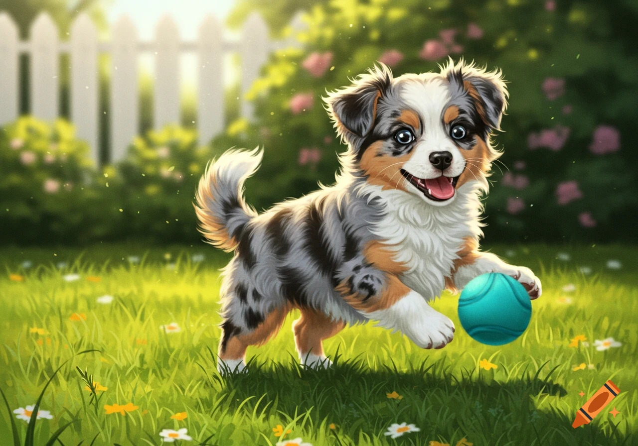 A cute, fluffy merle Australian Shepherd puppy happily plays with a teal ball in a sunny green yard with flowers.