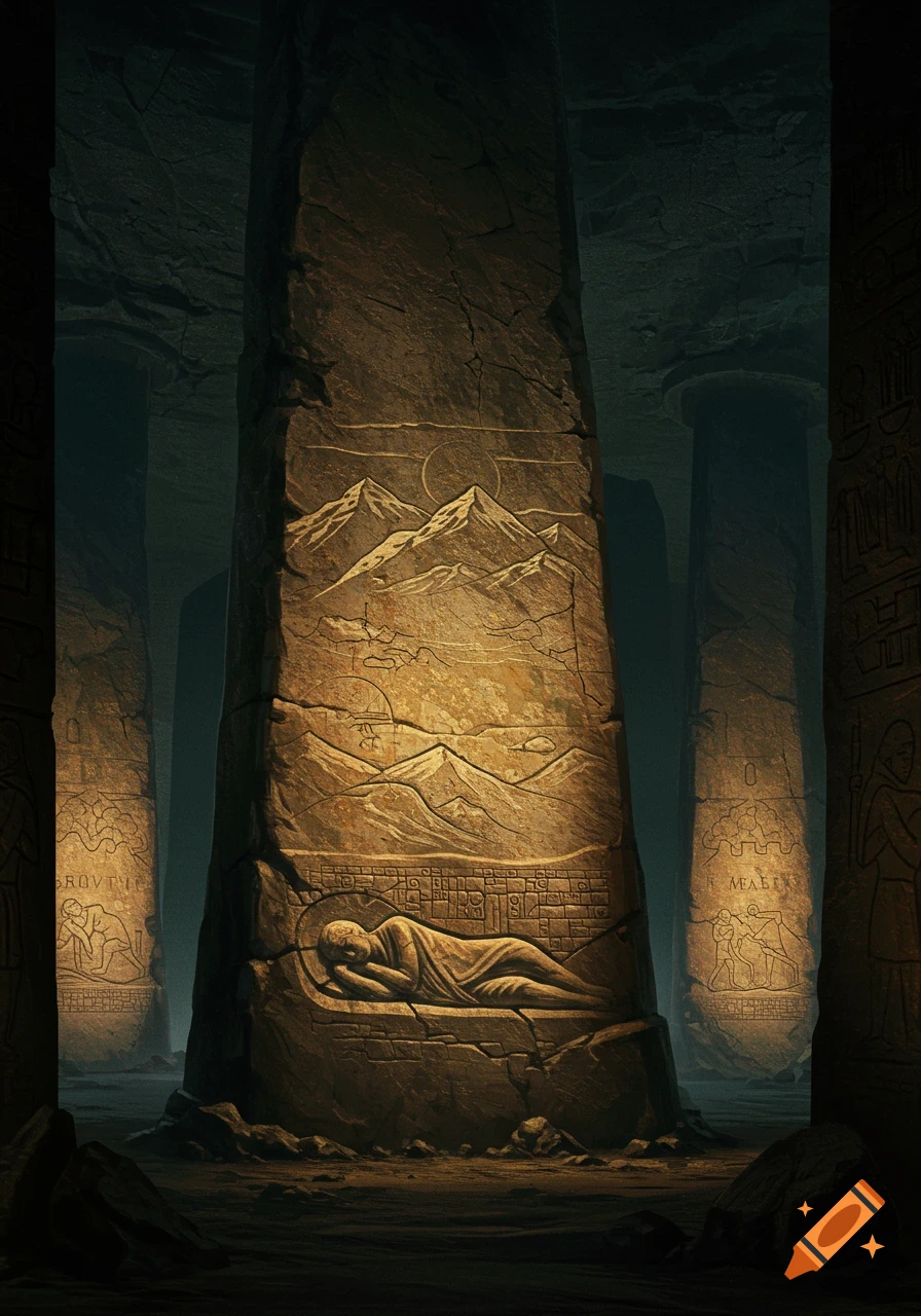 A warmly lit stone pillar in a dark cave, carved with a sleeping figure and mountain landscape, surrounded by other ancient pillars.