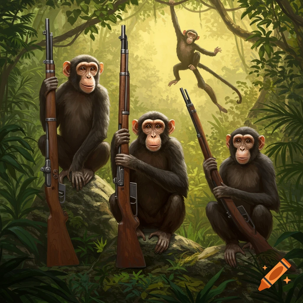 Three chimpanzees in a lush jungle hold rifles, while another monkey swings from a vine in this detailed illustration.