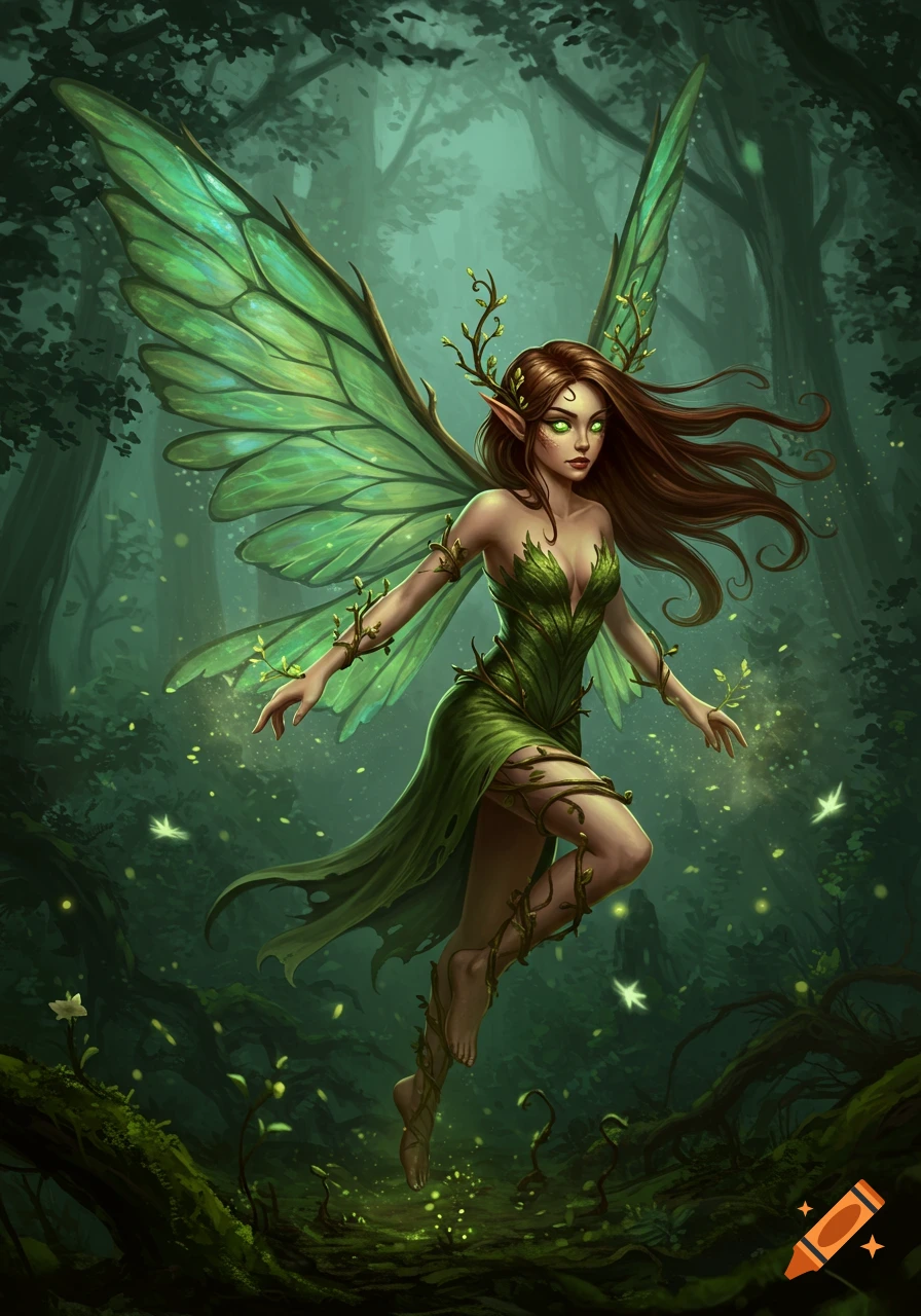A beautiful fairy with large green butterfly wings, long brown hair, and glowing green eyes floats in a dark, magical forest.