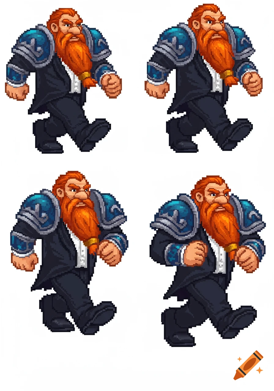 Four-frame pixel art animation of an angry ginger-bearded dwarf in a tuxedo and blue shoulder armor running, 16-bit style.