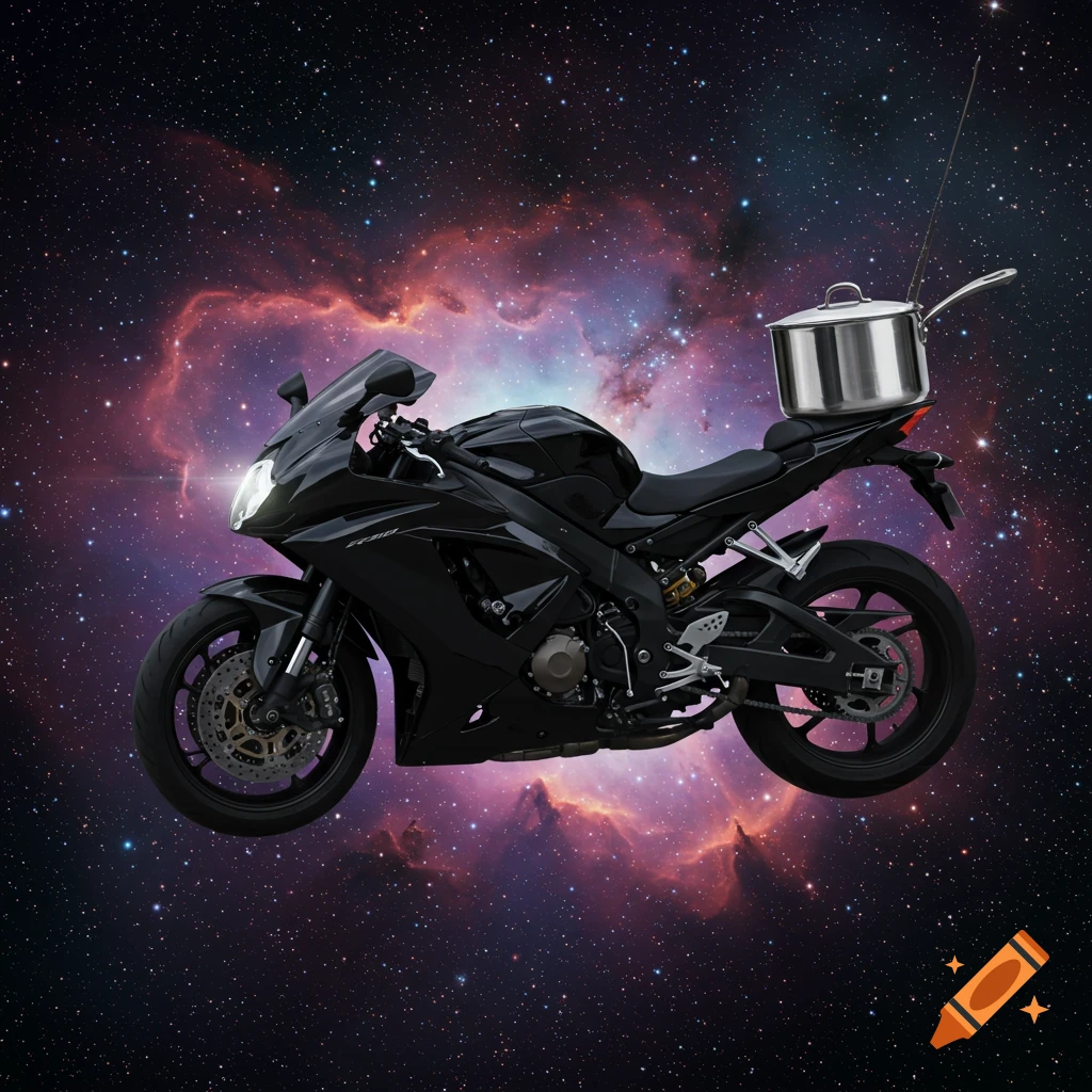 A black motorcycle with a silver cooking pot strapped to its back, floating in outer space against a backdrop of nebulae and stars.