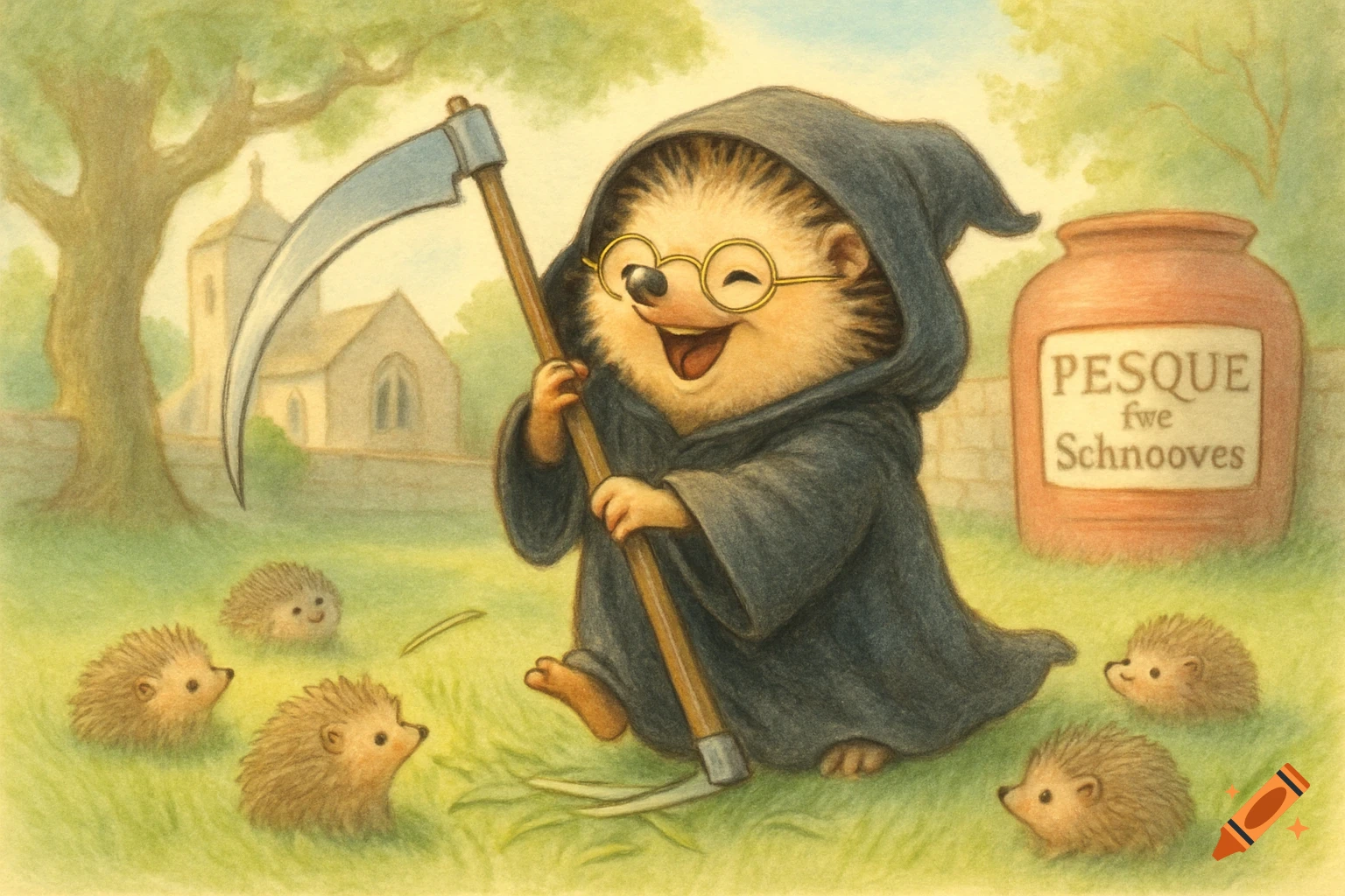 A jolly hedgehog dressed as the Grim Reaper with a scythe, surrounded by tiny hedgehogs in a churchyard, next to a jar of 'PESQUE fwe Schnooves'.
