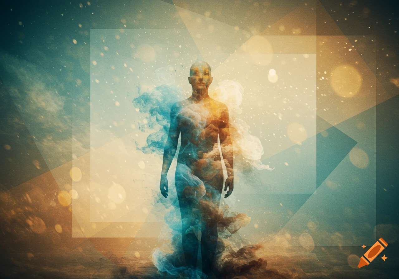 Abstract human figure formed by blue and orange smoke, standing amidst geometric shapes, bokeh lights, and a cosmic sky.