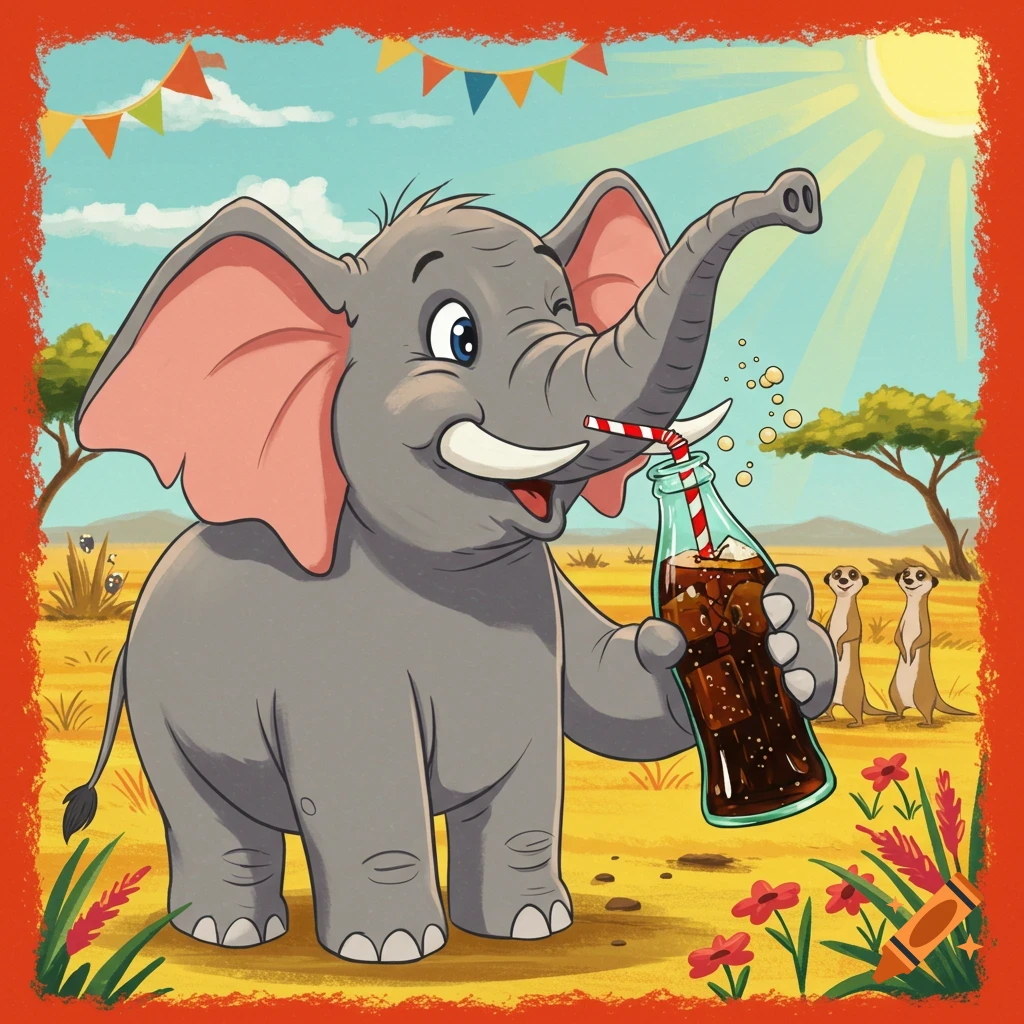 A humorous cartoon elephant happily drinks soda from a bottle with a straw in a sunny savanna, with meerkats watching.