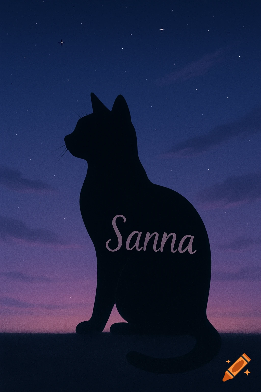 A black cat silhouette sits against a purple and blue night sky with stars, with the name "Sanna" written on its body.