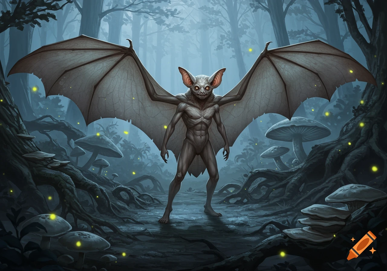 A monstrous bat-human hybrid creature with large wings stands in a misty, dark forest with glowing mushrooms and fireflies, digital painting.