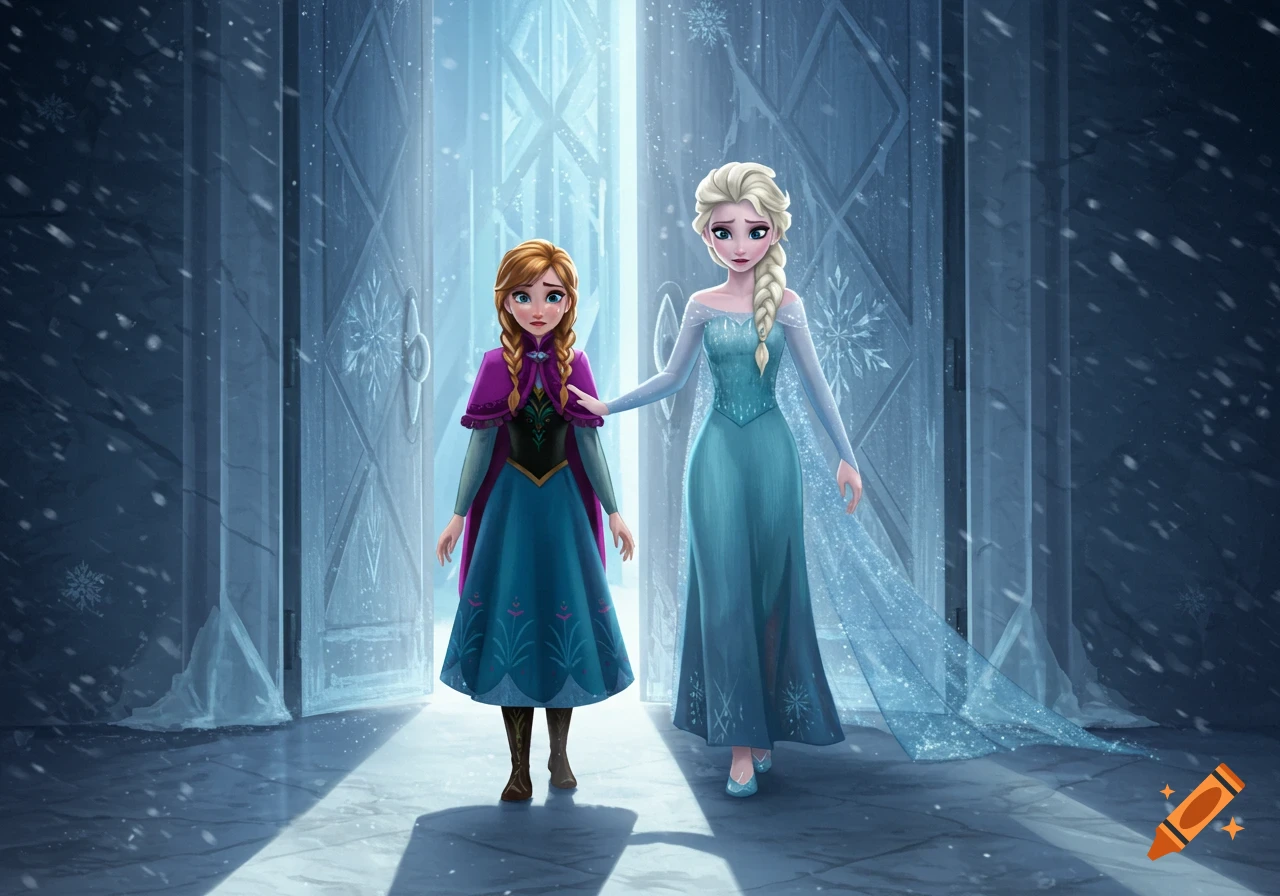 Elsa walks away from a sad Anna in a snowy, icy castle environment, styled like Disney's Frozen.