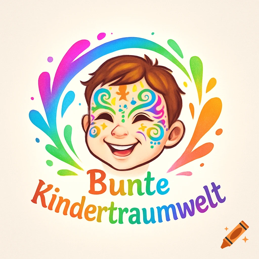 Colorful cartoon logo of a smiling child with elaborate face paint, surrounded by rainbow splashes and text.
