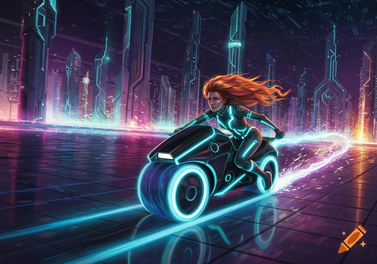 A woman with long reddish-blonde hair rides a glowing light cycle through a neon-lit futuristic city at night. Digital art.