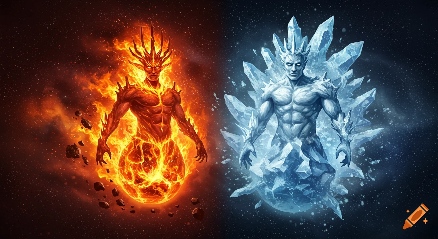 A fire being on the left and an ice being on the right stand on opposite sides, emanating their elements against a cosmic background.