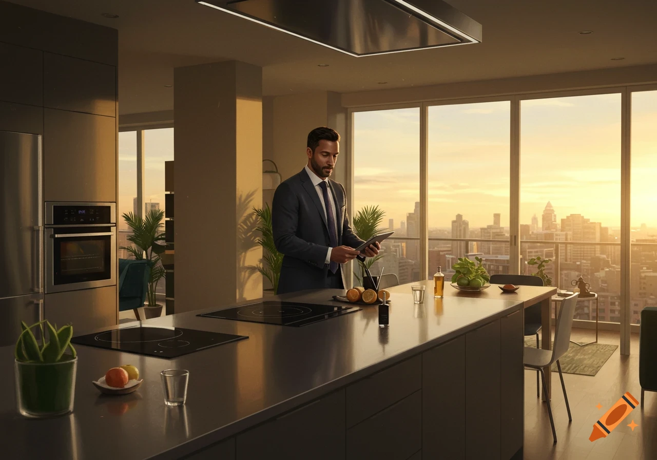 A man in a suit looks at a tablet in a luxurious modern kitchen with city views at sunset.