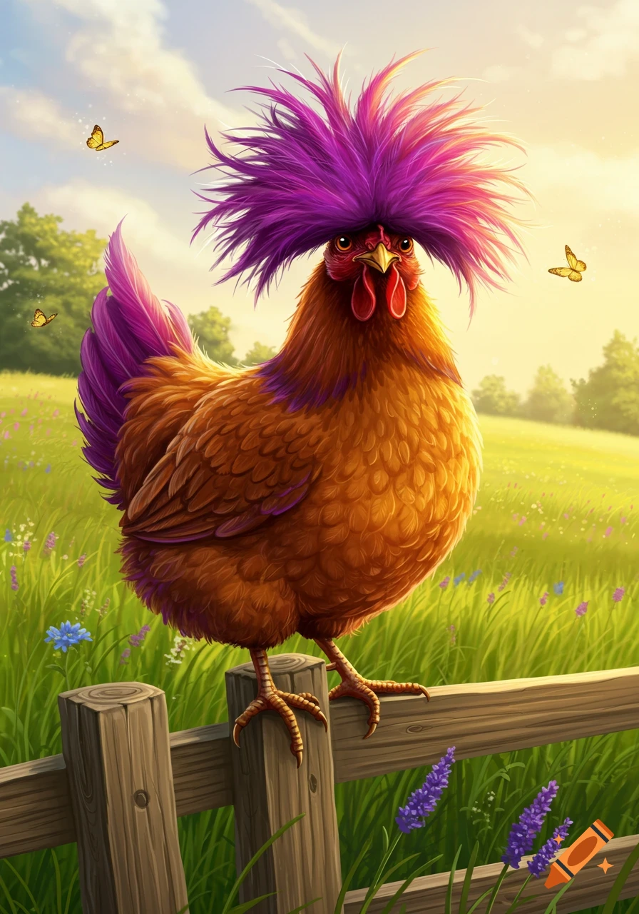 A whimsical brown chicken with spiky purple hair stands on a wooden fence post in a sunny green field with wildflowers and butterflies.