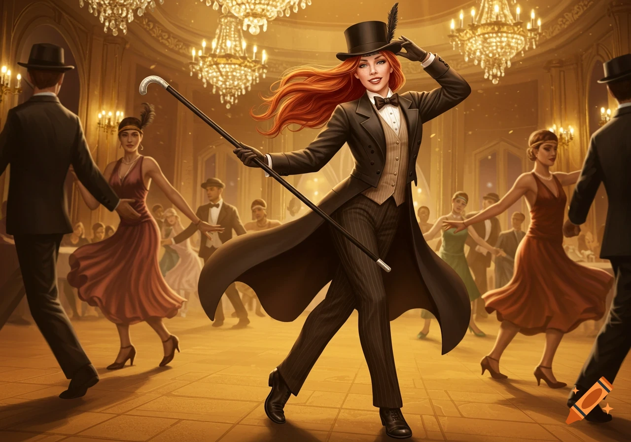 A red-haired woman in a 1920s tuxedo, top hat, and cane dances in a lavish ballroom with other dancers.