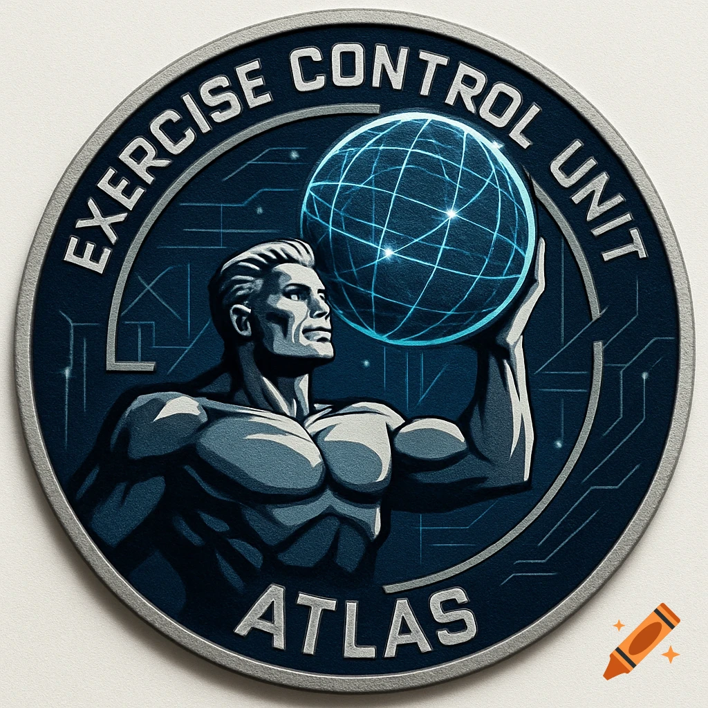 A blue and silver circular patch featuring a muscular, stylized man holding a glowing blue grid globe. Text reads 'EXERCISE CONTROL UNIT' and 'ATLAS'.