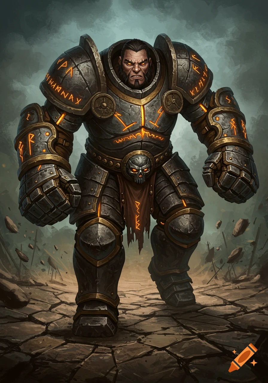 A hulking, armored fantasy warrior with glowing runes on his dark, stone-like armor, standing on cracked ground with an angry expression.