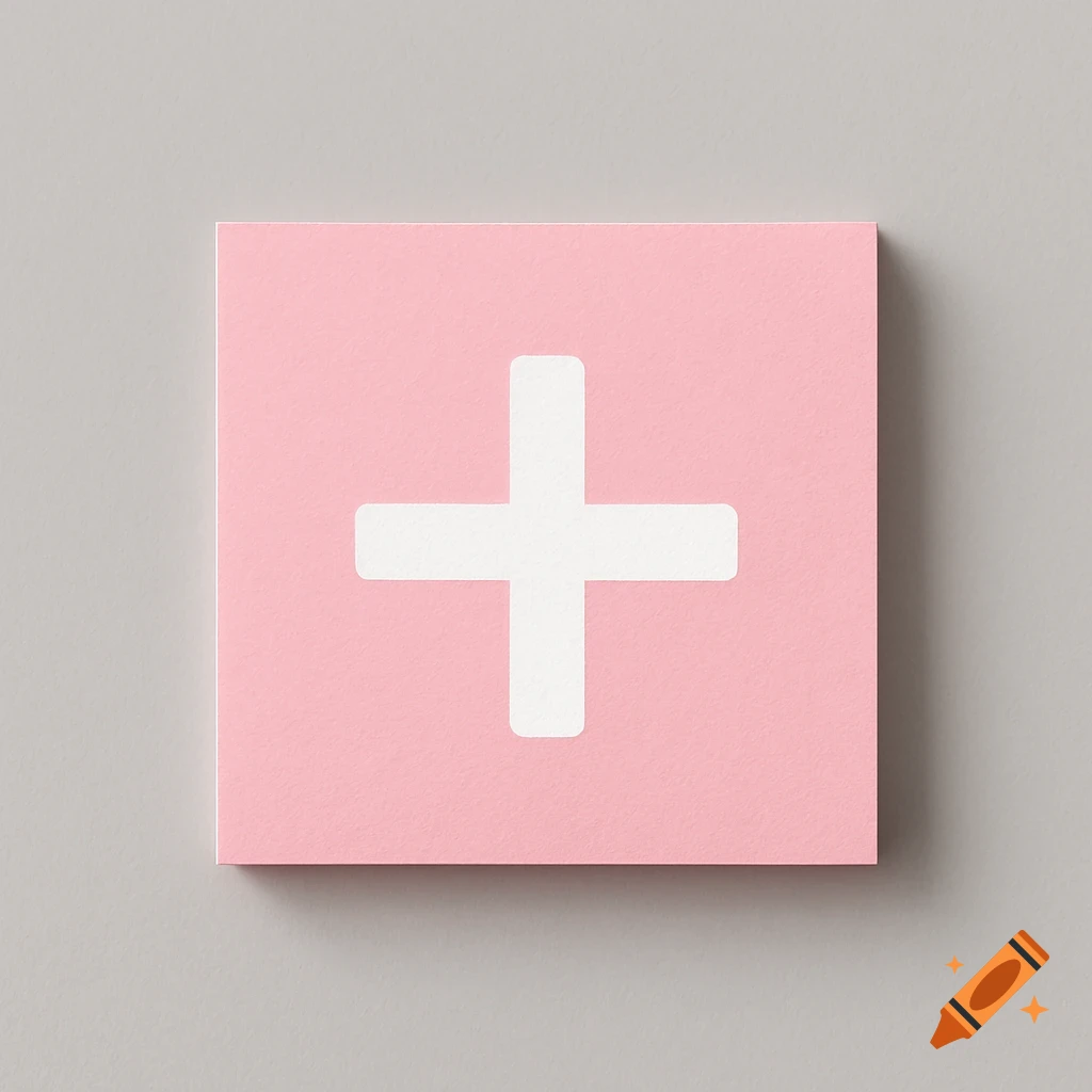 A pink square post-it note with a white plus sign centered on it, against a grey background.