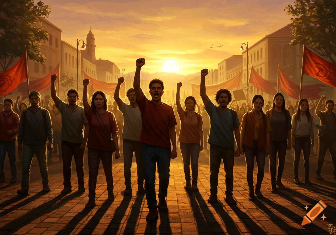 A diverse crowd of protesters with raised fists marches down a city street under a vibrant sunset.