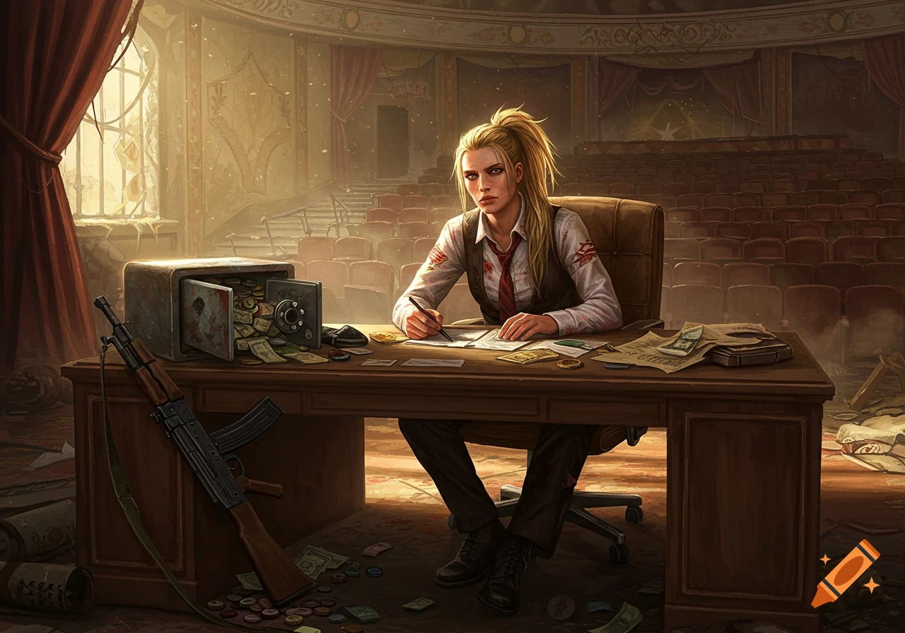 A blonde woman in a dirty suit and tie sits at a desk, writing, with an AK47 and an open safe of money in a ruined theater. Digital art.