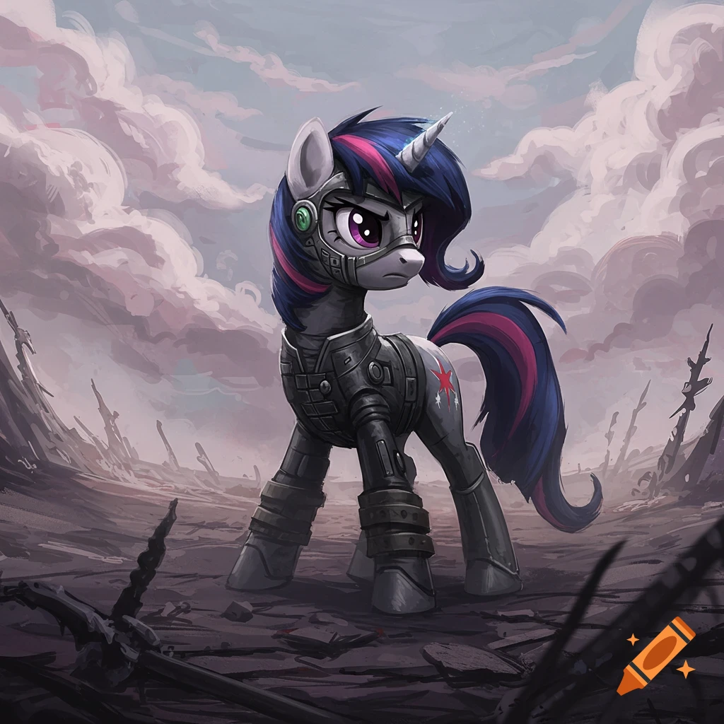 Twilight Sparkle from My Little Pony, armored in dark metal, stands in a desolate, post-apocalyptic landscape under an overcast sky.