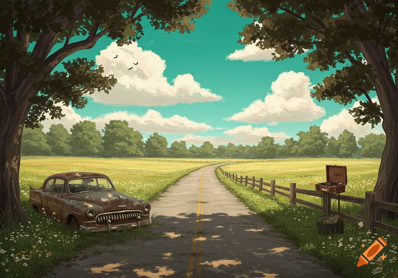 An illustrative landscape with a rusty vintage car by a winding road, fields, trees, and a record player on a fence.