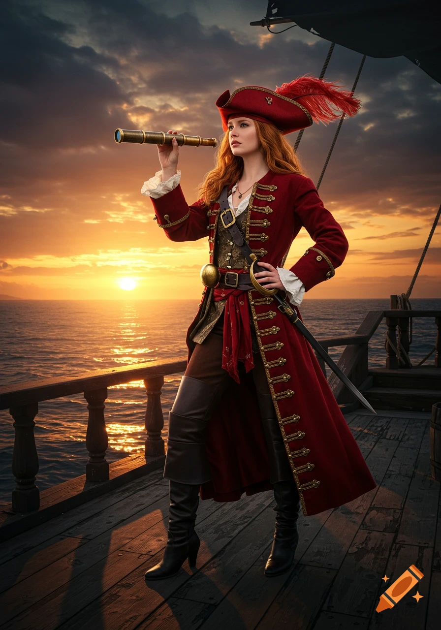 An ultra-realistic photo of a woman pirate in a red outfit and hat, looking through a spyglass on a ship deck at sunset.