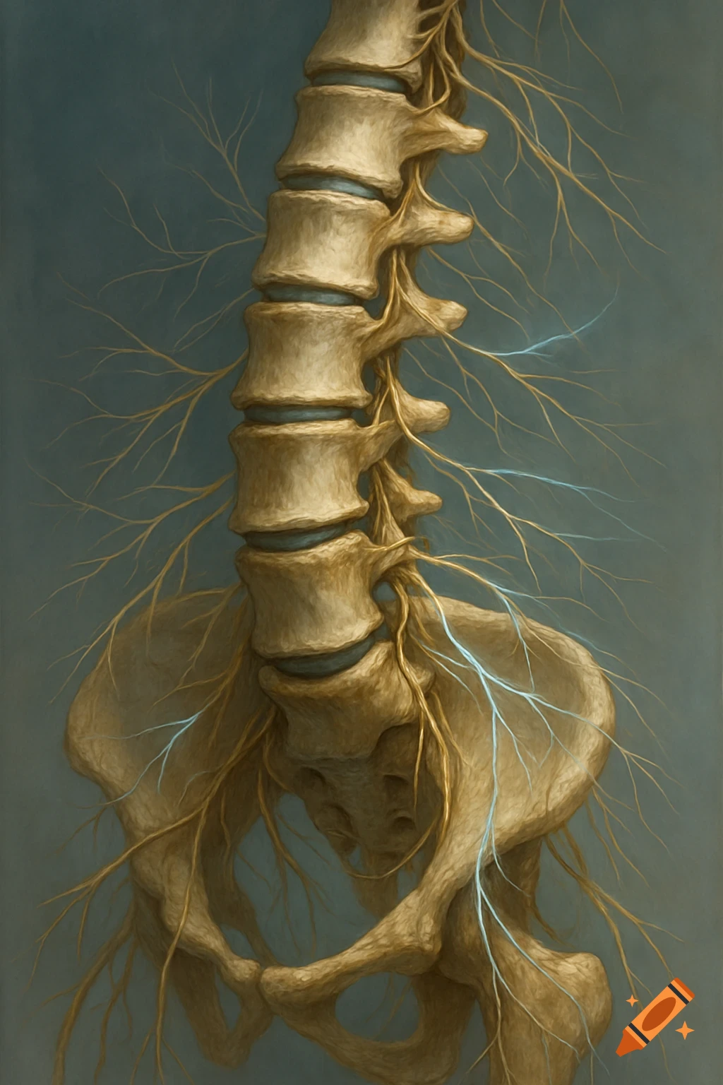 Detailed anatomical illustration of a human lumbar spine, pelvis, and intricate nerve branches on a dark background.