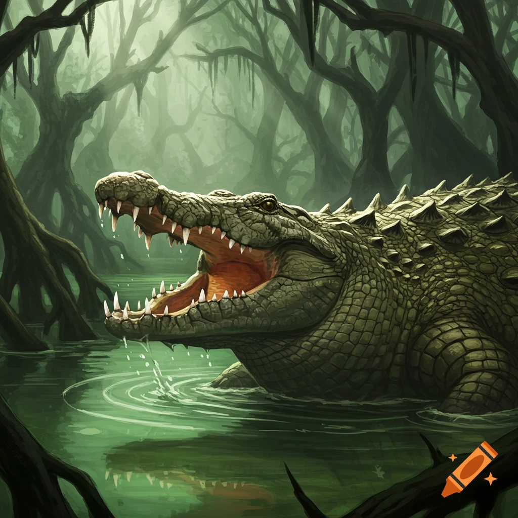 A fierce crocodile with its mouth wide open, teeth bared, emerges from dark green swamp water amidst gnarled trees in a detailed illustration.