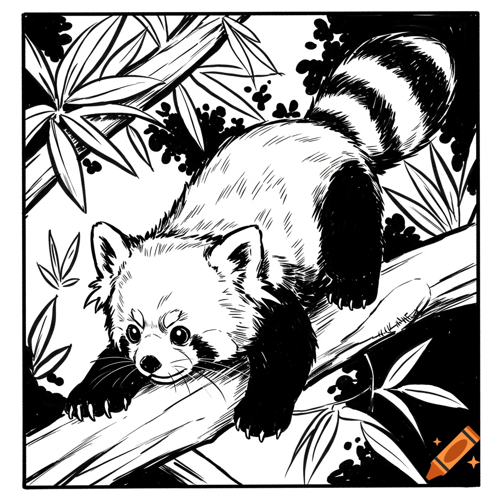 A black and white ink drawing of a red panda climbing on a tree branch amidst lush foliage.