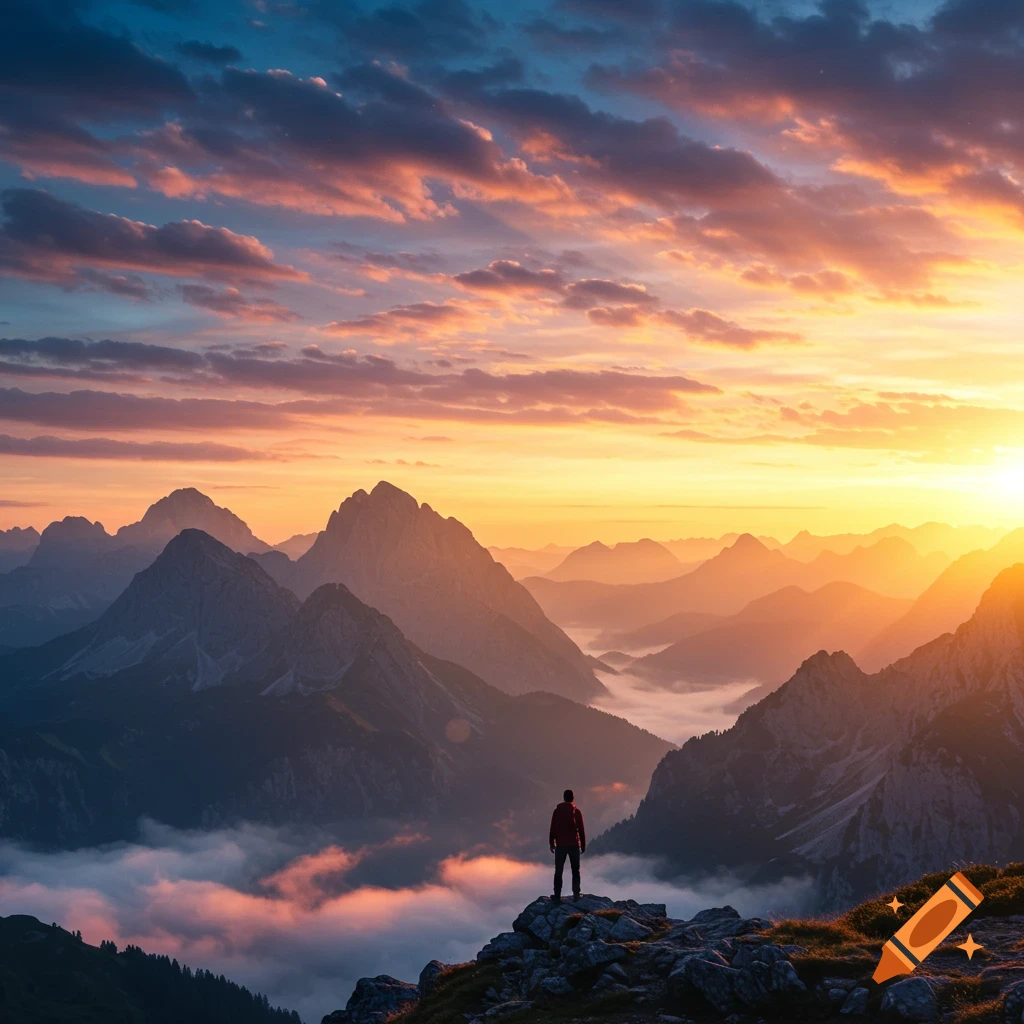 A lone figure stands on a rocky peak, overlooking a vast mountain range bathed in the light of a vibrant sunset.