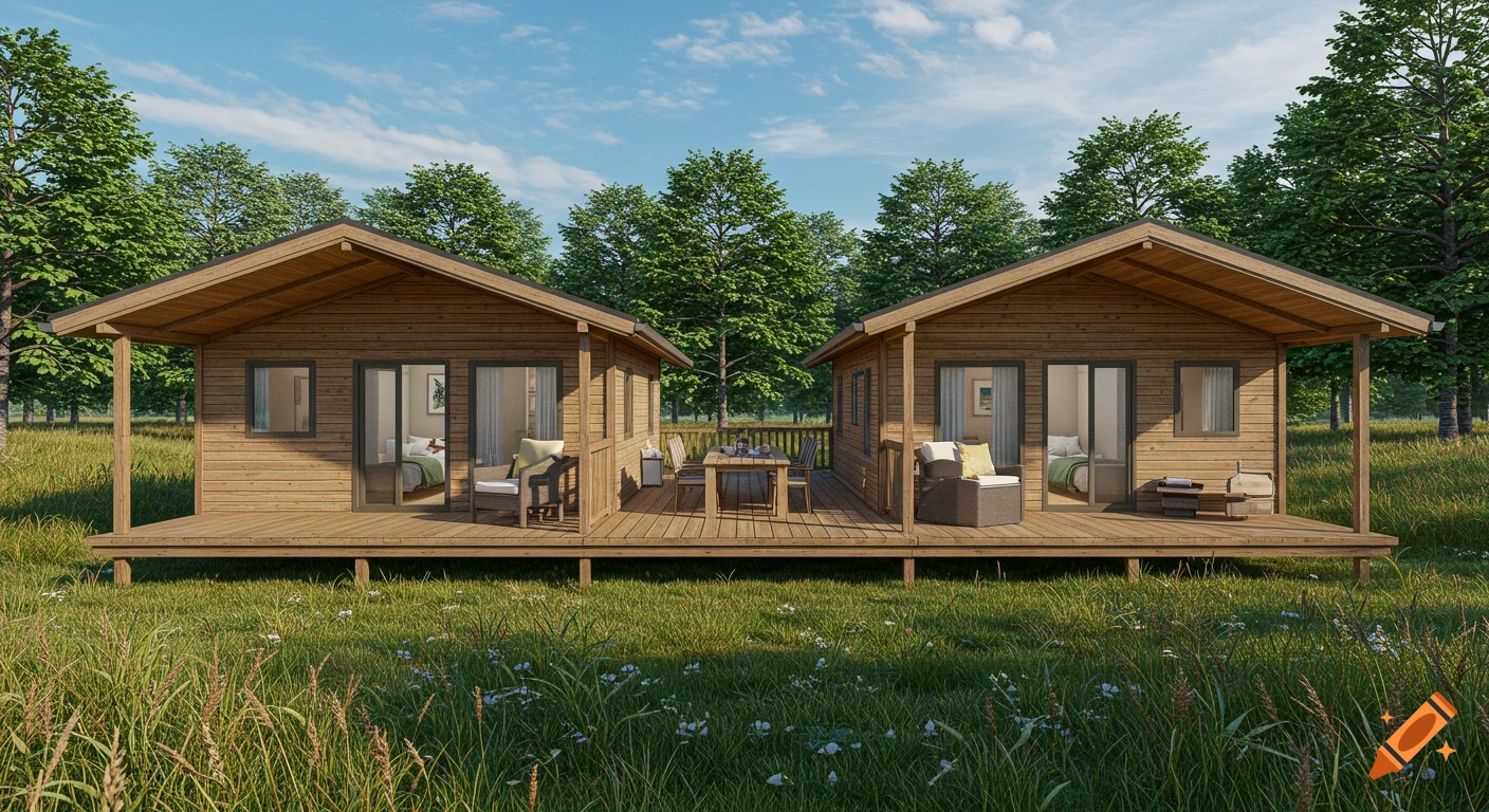 A photorealistic image of two wooden cabins connected by a deck, nestled in a lush green field under a blue sky with trees in the background.