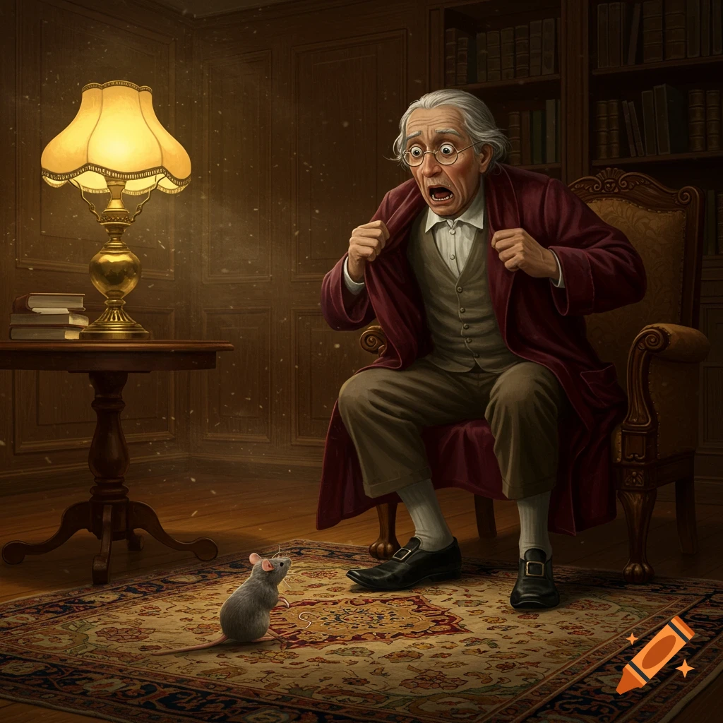 An old man in a robe sits in a richly furnished room, reacting with fear and surprise to a small mouse on the rug.